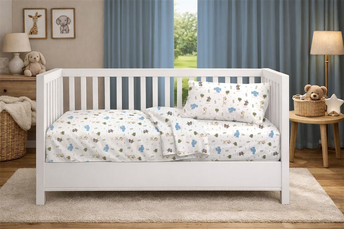 Σεντόνια Εμπριμέ Σετ 3 τεμ bebe Happy Safari 711 120X160 White-Sky Blue 100% Cotton