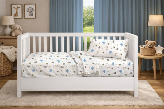 Σεντόνια Εμπριμέ Σετ 3 τεμ bebe Happy Safari 711 120X160 White-Sky Blue 100% Cotton