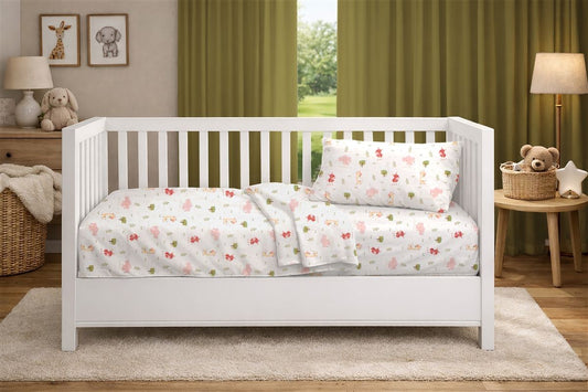 Σεντόνια Εμπριμέ Σετ 3 τεμ bebe Happy Safari 712 120X160 White-Pink 100% Cotton