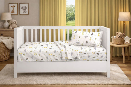 Σεντόνια Εμπριμέ Σετ 3 τεμ bebe Happy Safari 713 120X160 White-Grey 100% Cotton