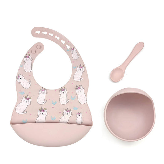 Σαλιάρα Σιλικόνης με Μπωλ και Κουτάλι Pink Cats Beboulino